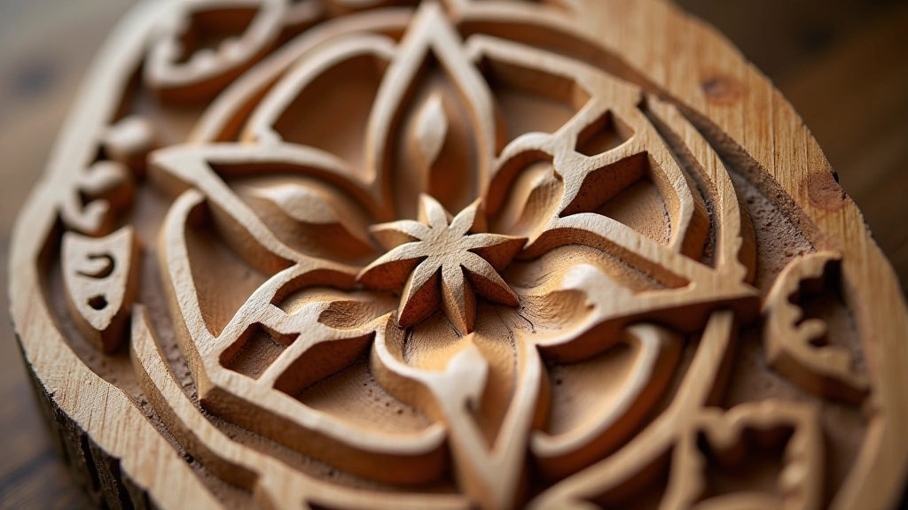 Close-up of traditional Latvian carved wooden detail showing geometric star and cross motifs