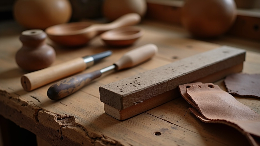 Workspace showing sharpening stone, leather strop, and dull versus sharp carving blade comparison