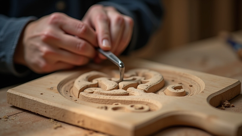 Close-up of hands holding a gouge over a wooden relief carving in progress
