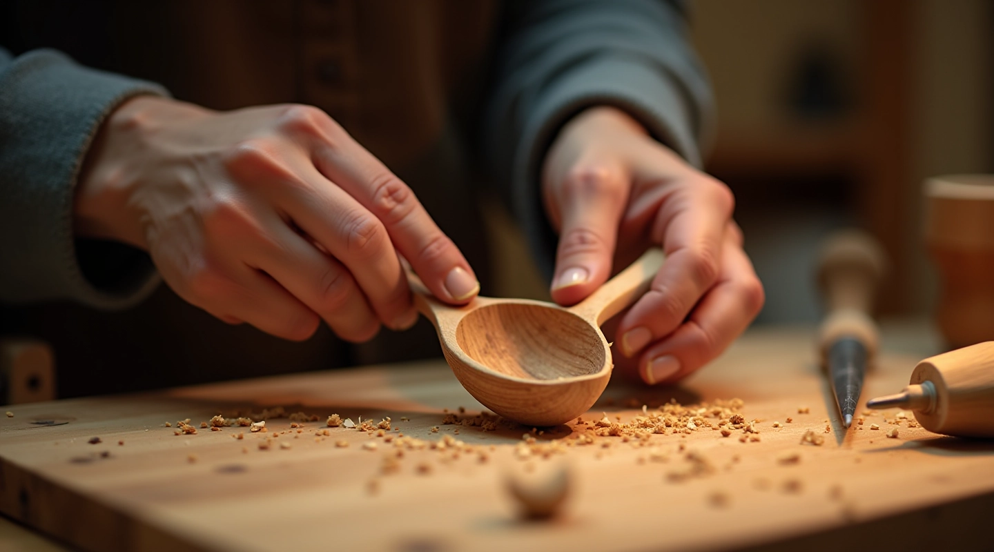 Hands holding a partially carved wooden spoon with carving tools nearby on a workbench
