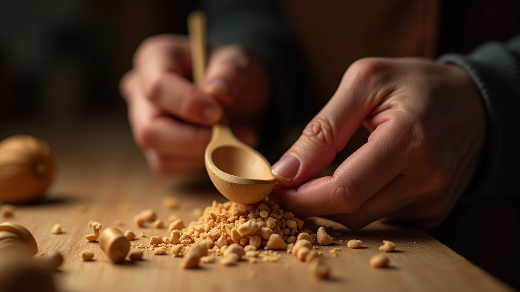 Detailed view of carving hands shaping a wooden spoon with traditional tools