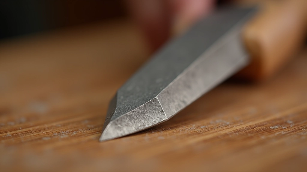 Detail view of a gouge blade edge showing sharpness and bevel angle under magnification