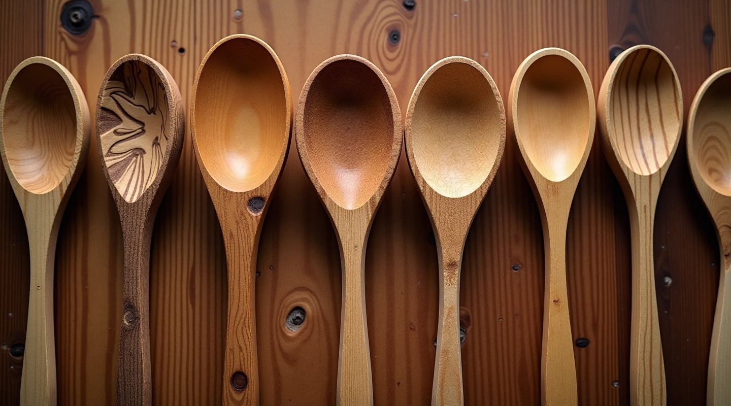 Collection of hand-carved wooden spoons with traditional Latvian patterns