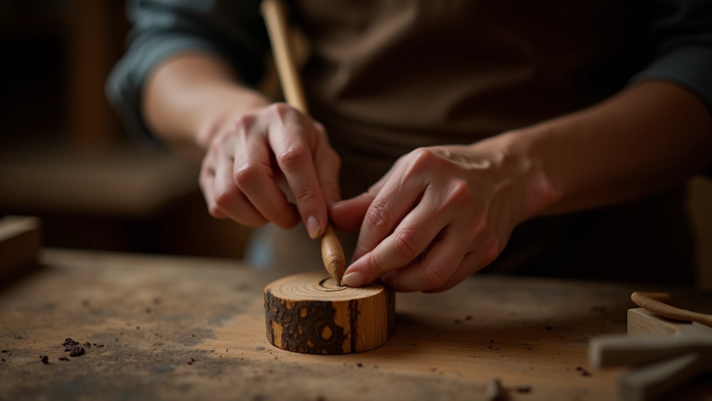 Hands demonstrating proper tool grip and pressure on wooden carving block with multiple gouges positioned nearby