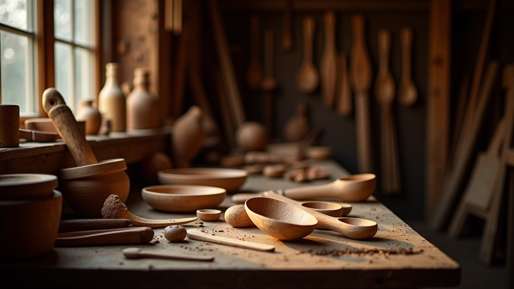 Woodcarver's workshop showing tools, wood pieces, and work in progress